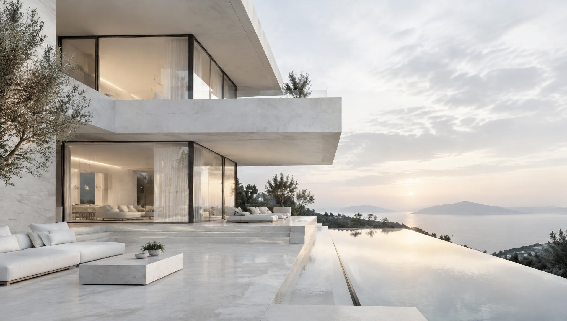Modern white luxury residence overlooking the sea